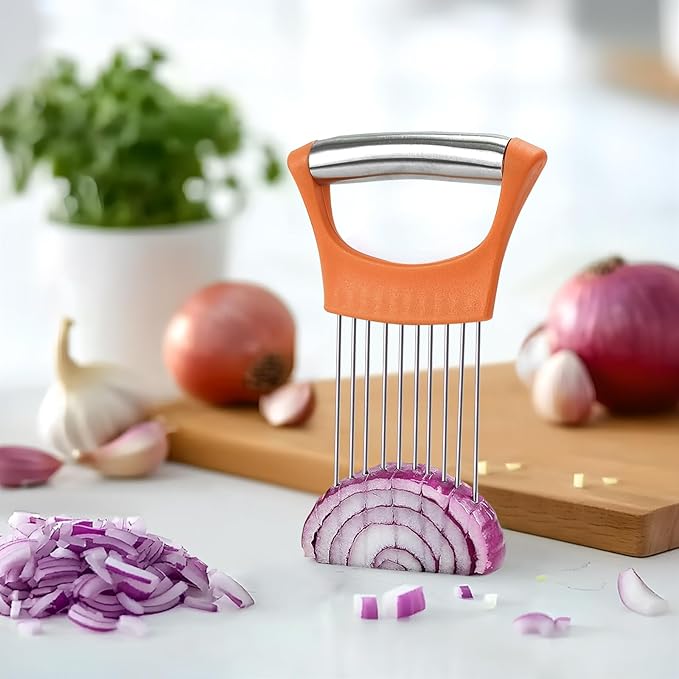 Stainless Steel Onion Holder for Slicing,Onion Slicer Holder, Onion Cutter for Slicing of Onions, Tomatoes,Avocados,Eggs and Other Vegetables,Kitchen Utensils Gift (Orange)