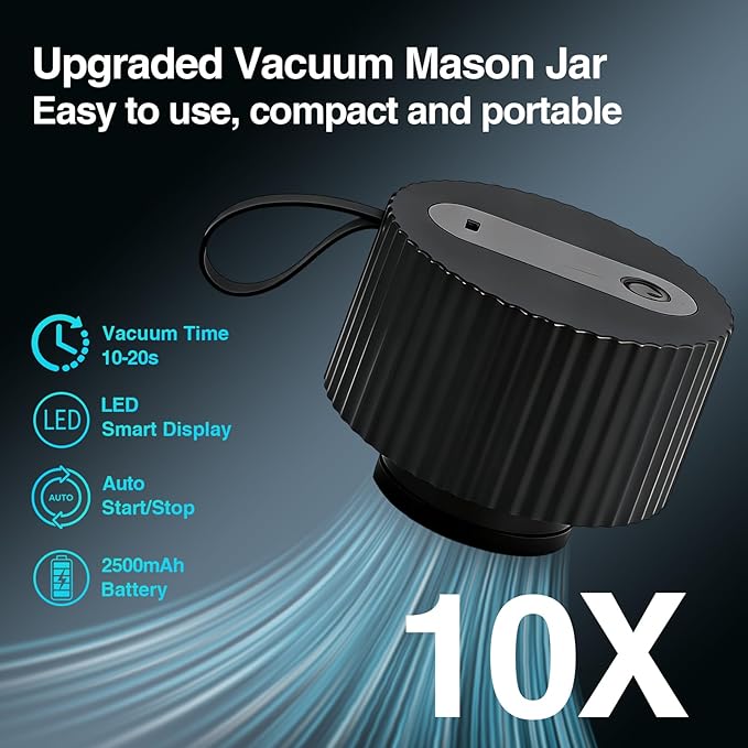 Electric Mason Jar Vacuum Sealer kit 3-in-1 Portable Vacuum Sealing for Jars Lids, Bags & Containers | Ideal for Fresh Produce, Dry Foods, Meats & Meal Prep (Black)
