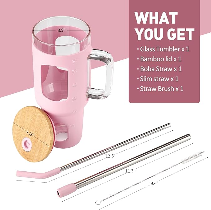 WINSA Glass Tumbler with Straw and Lid, 40 oz glass cup with handle, Glass Water Bottles with Time Marker, Silicone Protective Sleeve-Pink