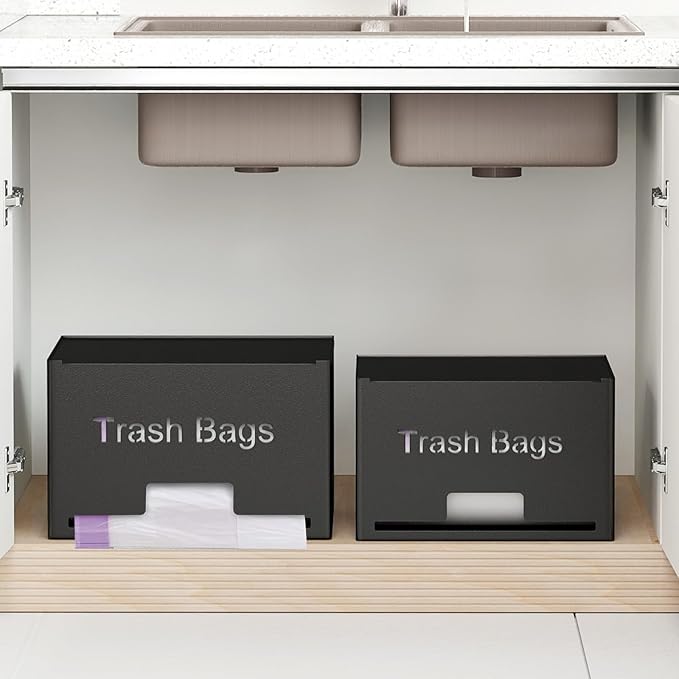 STWWO 2-Pack Trash Bag Holder Dispenser, Stackable Garbage Bag Dispenser, Extra Large Trash Organizer for Kitchen Laundry Under Sink, Wall Mounted or Freestanding, Metal Black