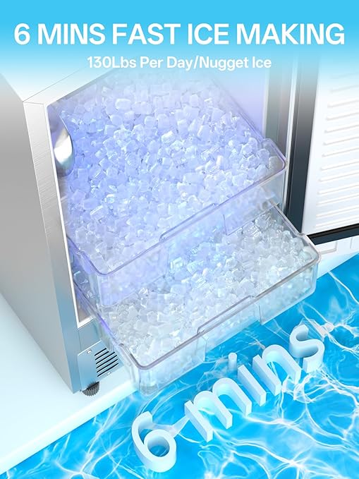 Coolski Nugget Ice Maker Machine Commercial, Ready in 6 Minutes, Under Counter Outdoor Ice Machine for Home Party RV, Self-Cleaning & Timer, 130Lbs/Day
