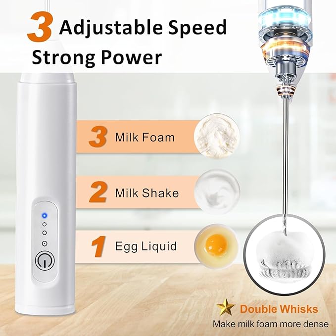 Rechargeable Milk Frother Handheld, USB-C Coffee Foam Maker with Stainless Steel Whisk ＆ 3 Speeds, Coffee Frother Electric Hand Drink Mixer Stirrer for Matcha, Hot Chocolate,Frappe, Mom's Gift (White)