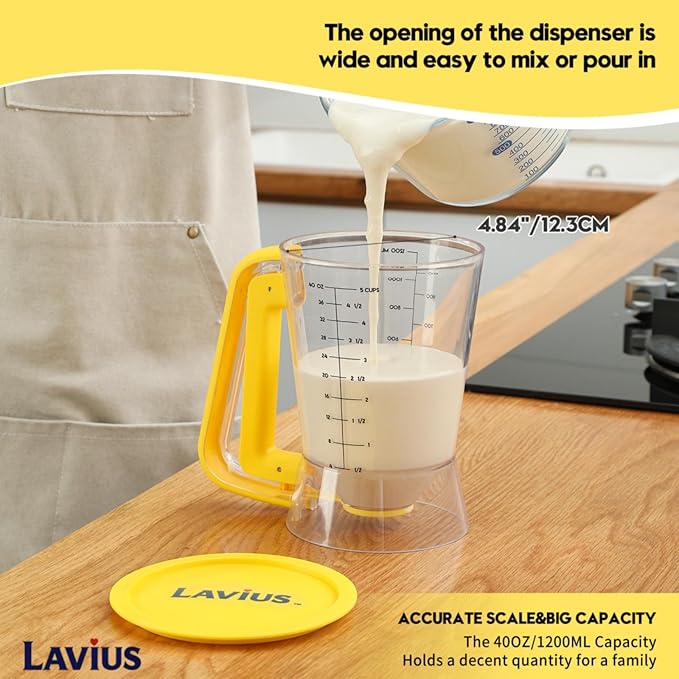 Pancake Batter Dispenser 5-Cup Batter Pourer for Maker Pancakes, Waffles, Crepes, Muffins, Cupcakes, Easy Squeeze Grip Handle with Proof Nozzle, Precise Baking Tools（Yellow）