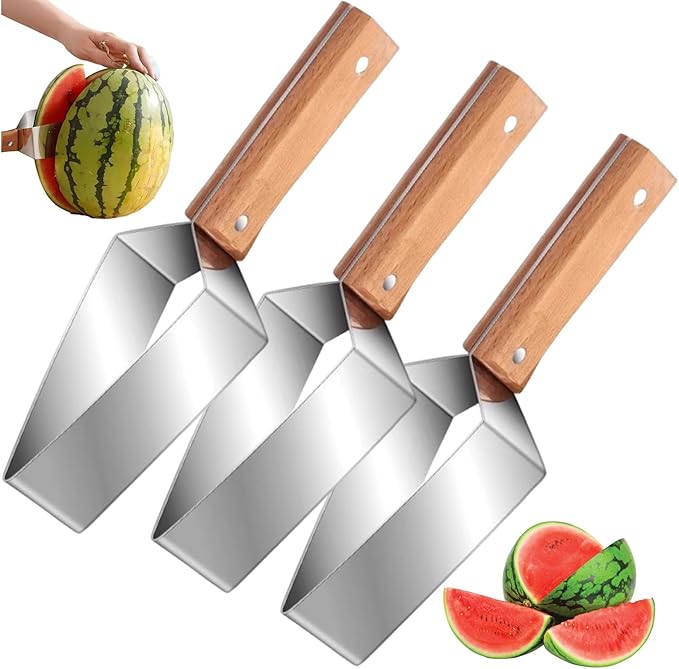 Triangle Watermelon cutter, Stainless Steel with Wooden Handle Melon Slicer, Fruit Cutter for Kitchen Gadgets, Fruit dicing tool divider for Watermelon, Apple, Cantaloupe (3 PCS)