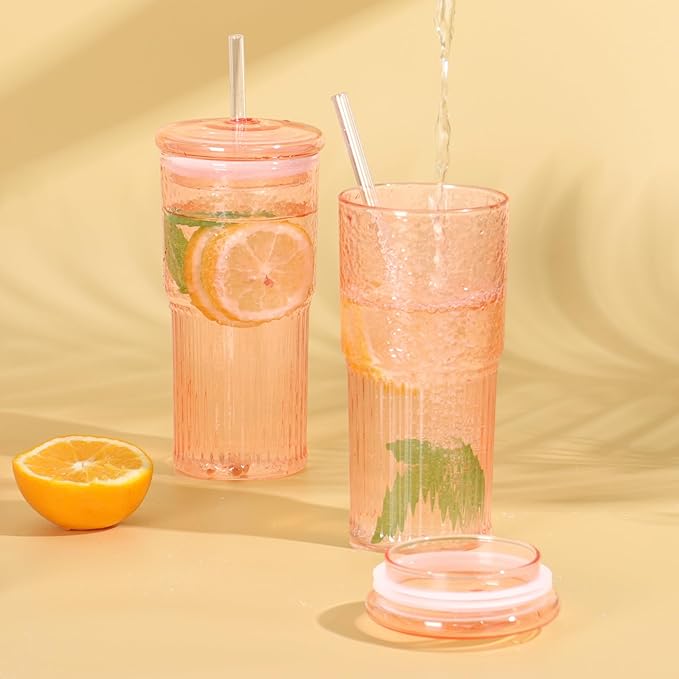QWEZXO 20 OZ Glass Cup with Lids and Glass Straws, High Borosilicate Iced Coffee Glass Tumblers with Lid and Straw for Drinks, 2pcs Reusable Wide Mouth Smoothie Cup(Orange)