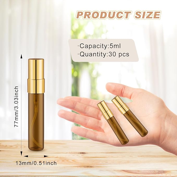 30 Pack Empty Mini Glass Spray Bottle Refillable Fine Mist Perfume Atomizer Portable Travel Sample Spray Bottles Containers For Perfume Essential Oils Cosmetics Liquid (amber bottle, 5ml)