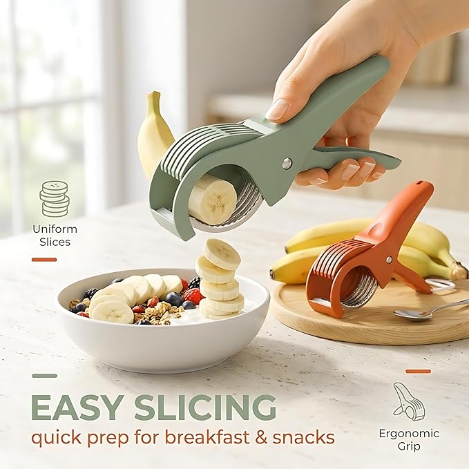 2PCS Banana Slicer,Strawberry Slicer,Grape Cutter,Multi-Functional Fruit Slicer,Cucumber Slicer,All-In-One Kitchen Gadget For Fruits& Vegetables Banana Sausages,Cucumbers,Strawberries,Grape(GREEN+RED)