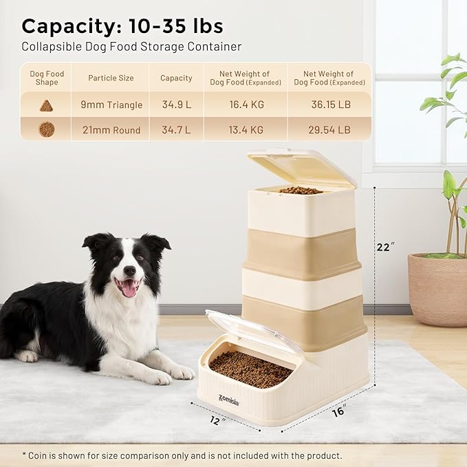 ZOMISIA 30-40lbs Collapsible Dog Food Storage - First-in, First-out Easy Dispense Base for Freshness, Pet Food Storage Containers with Transparent Lid and Scoop