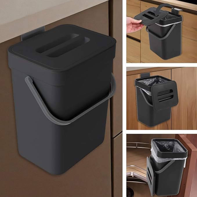Compost Bin Kitchen, Includes 100 Trash Bags, Hanging Trash Can with Lid, Features Pet-Proof, Odor-Proof, and Quiet Opening/Closing. Suitable for Bathrooms/Bedrooms/Offices (Black, 1.3Gal/5L)