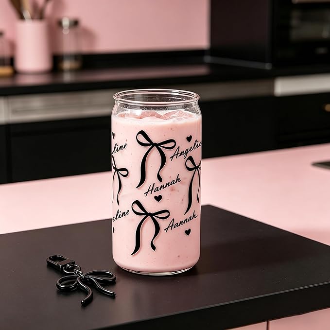 Mason Life Personalized Cups with Coquette Bows-Can Shaped Glass with Lids and Straws-18OZ Iced Coffee Cups -Cute Glass Tumbler Birthday Thanksgiving Christmas Gift for Women