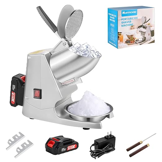 178Ibs/h Cordless Portable Ice Shaver Machine with Dual Blade, Single Battery &Ice Pick, 180W Battery Powered Ice Cusher Machine for Home Use &Outdoor (Backyard & Patio), Extra Blades, Silver