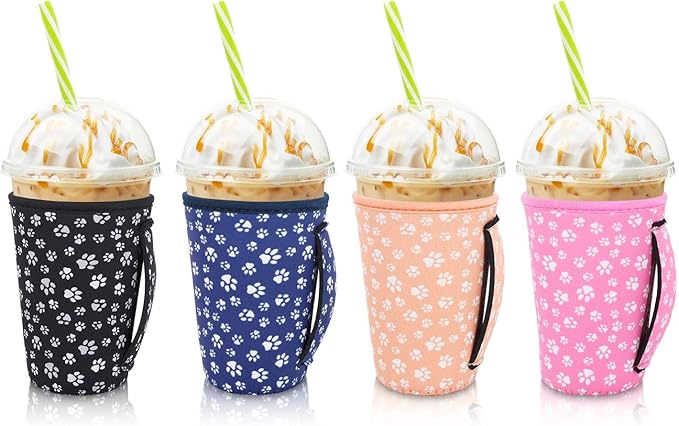4Pack Reusable Iced Coffee Sleeve Insulator Sleeves for Cold Drinks Beverages, Neoprene Cup Holder for Most Coffee, Fits 22-24oz Medium Cups (Paw Print)