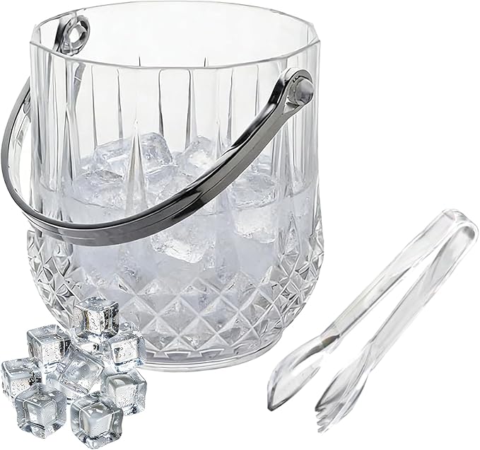 Crystal Ice Bucket with Handle & Tongs-1.1 L Plastic Clear Champagne Ice Buckets for Parties, Beer, Wine, Drinks, Cocktails,-Soda, Mimosa Bar Supplies (Style-B, 37 oz (1.1 L))