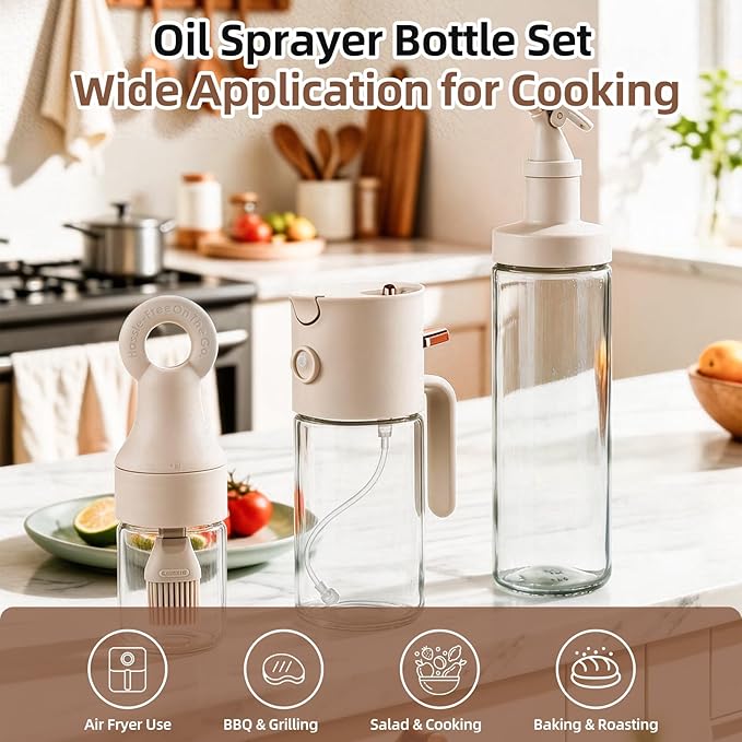 580ml/19.6oz Olive Oil Sprayer Bottle for cooking, 3-in-1 Oil dispenser Bottle + FREE 2-Piece Kitchen gadgets (Basting Brush & Spice Shaker) - Perfect for kitchen, Air Fryer, Baking, BBQ & Salad.