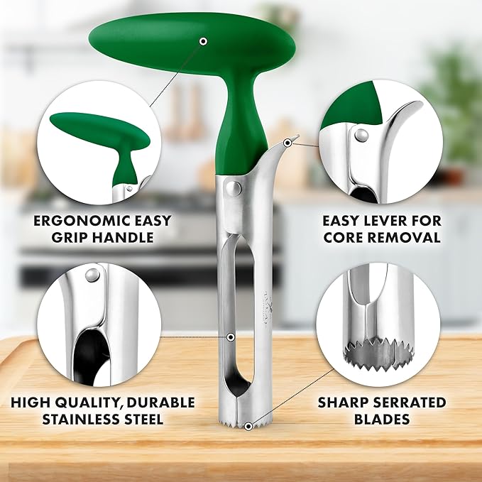 Zulay Kitchen Ultra Sharp Apple Corer Tool - Stainless Steel, Sharp & Serrated Blade Cores in Seconds - Easy to Use & Clean, Durable Apple Core Remover for Apples & Small Fruits - Green