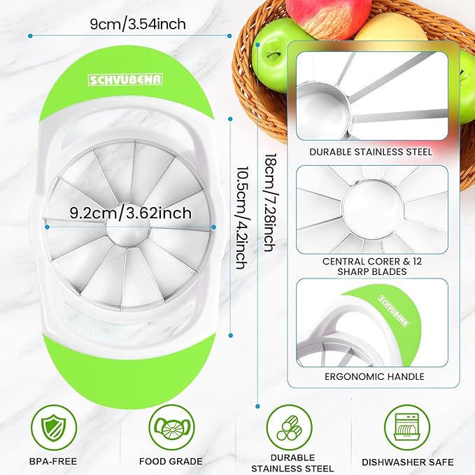 SCHVUBENR 3.5 Inch Apple Slicer with 12 Sharp Blades - Professional Apple Cutter - Stainless Steel Apple Corer - Super Sharp Apple Slicer and Corer - Slice Apple with Ease(Green)