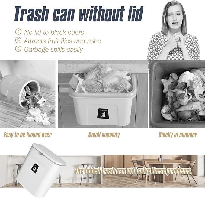 Domiella 2.4 Gallon Hanging Trash Can with Lid, Kitchen Compost Bin for Countertop or Under Sink, Mountable Food Waste Bin with Sealed Lid for Cabinet, Cupboard, Bathroom, or RV (White)
