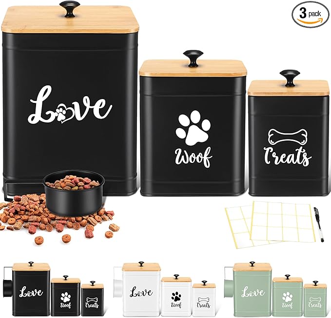 Jingmore Metal Dog Treat Containers Set of 3 with Bamboo Lids and Spoon Airtight 7+3+2 lbs Dog Food Snack Jars with DIY Labels Big Pet Cookie Storage Jar for Kitchen Counter(Black,Classic)