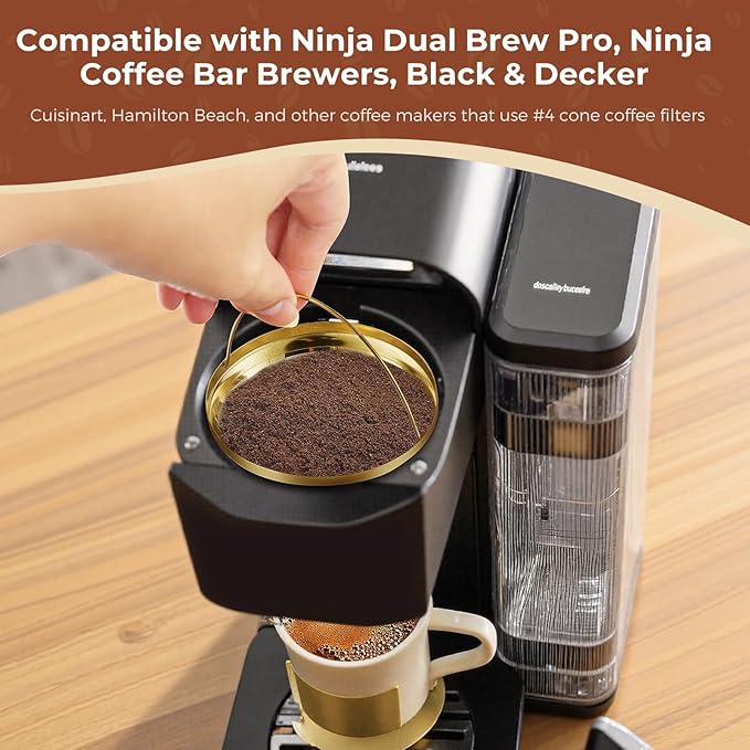 Gold Stainless Steel Coffee Filter, Reusable 304 Stainless Steel Permanent Replacement Filter for Ninja Dual Brew Pro, Ninja CFP301, CFP201 & #4 Cone Coffee Makers (2-Pack)