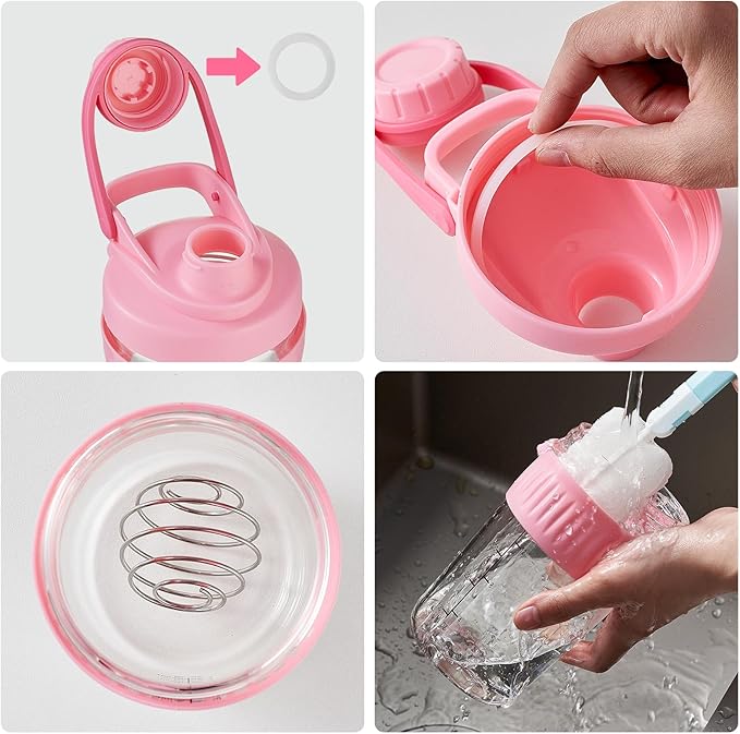 16oz Glass Shaker Bottle for Protein, Small Borosilicate Glass Protein Powder Leak-Proof Shaker Cup Mixes with 304 Blending Ball(16oz,Pink)