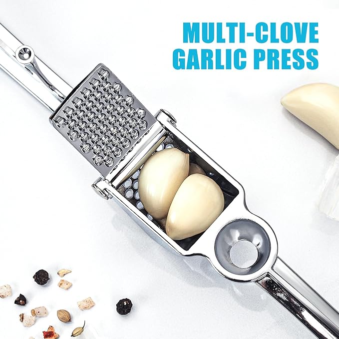 Garlic Press, Premium Kitchen Metal Garlic Crusher Masher Tool, Rust Proof & Dishwasher Safe, Heavy Duty Professional Garlic Mincer with Ergonomic Handle, Easy to Squeeze and Clean -Silver