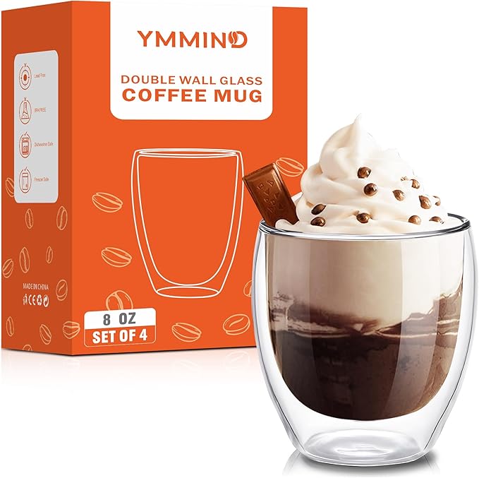 YMMIND Set of 4 Double Walled Glass Coffee Mugs 8 Ounces Insulated Layer Coffee Cups Borosilicate Glass Espresso Cup for Hot Beverage,Cappuccino,Tea,Latte,Wine,Microwave Safe