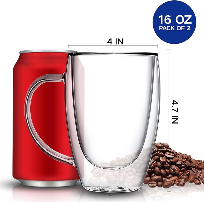 YMMIND Set of 2 Double Walled Glass Coffee Mugs 16 Ounces Insulated Layer Coffee Cups with Handle Borosilicate Glass Espresso Cup for Hot Beverage,Cappuccino,Tea,Latte,Wine,Microwave Safe