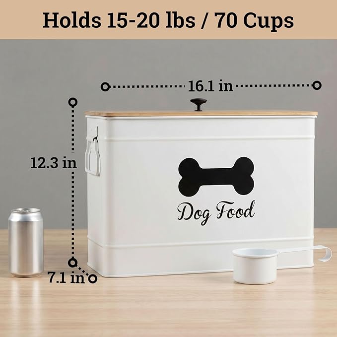 Dog Food Container Airtight 15 lb (50 Cup) Capacity with Metal Scoop - Cute Airtight Dog Food Storage Container with Bamboo Lid - White Metal Kibble Storage Bin for Dogs up to 100 lbs - Big Pet Jar