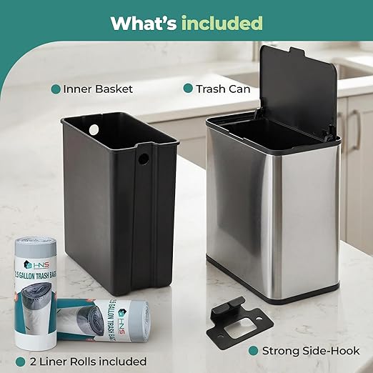HOLDN’ STORAGE 6L Compost Bin Kitchen for Countertop, Hang-on Cabinet Door, Small Trash Can with Lid, Odor Control, Stainless Steel, Fingerprint-Resistant, for Bathroom, RV, Office