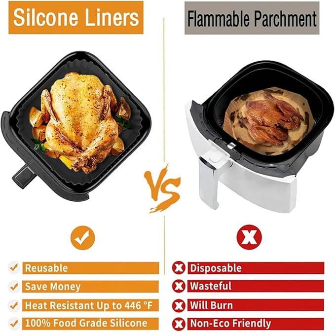 AF140 UK Silicone Air Fryer Liners for Ninja Air Fryer AF180 AF181, for COSORI 5.5 6L, 2pcs Reusable Airfryer AF141 UK Silicone Trays for Philips HD9270, 9 Inch Square Non-Stick Air Fryer Acc