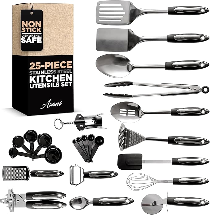 Asani 25-Piece Stainless Steel Kitchen Utensil Set | Non-Stick Cooking Gadgets and Tools Kit | Durable Dishwasher-Safe Cookware Set | Kitchenware Gift Idea, Best New Apartment Essentials
