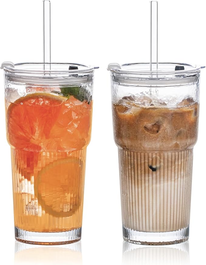 SoulTimes 20oz Glass Tumblers with Lids and Straws, Set of 2 - Stylish Ribbed Design Drinking Glasses for Iced Coffee Cups, Juice, Smoothies, Cold Beverages, Includes Cleaning Brush, Durable Glassware