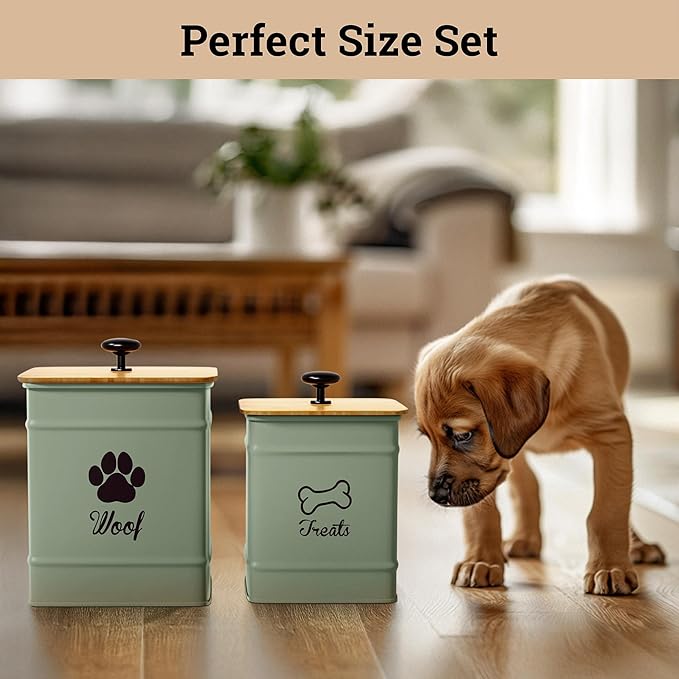 Dog Treat Container Airtight Set of 2 - 8x6 & 7x5 inch Iron Dog Treat Jars for Kitchen Counter with Airtight Bamboo Lids - 20 Cup Capacity Pet Treat Container Set - Doggie Cookie Jar - Treats Canister