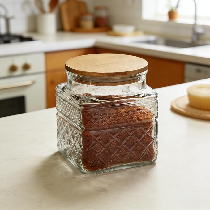 Glass Storage Canister with Airtight Lids, 20.3 FL OZ Thick Glass Candy Jar for Coffee Bean, Cocoa powder,Dog treats, Snacks Vintage Decorative Square Glass Jars for Coffee Bar Kitchen Party Counter
