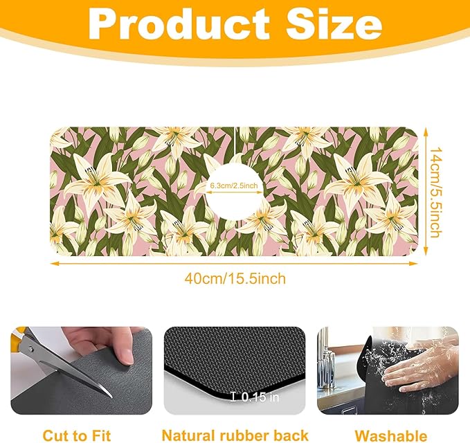 2 Pack Vintage Flowers Leaves Sink Faucet Absorbing Mat Colorful Llilies Super Absorbent Fast Drying Mat Sink Gadgets Behind Faucet Sinkmat for Kitchen Bathroom, 15.5"x5.5"
