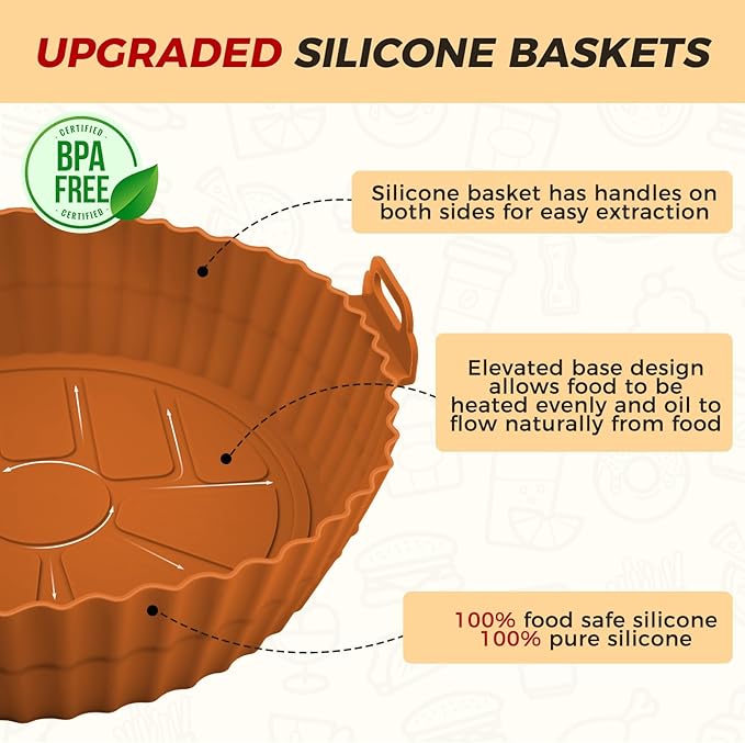Buauty 3 Pack Air Fryer Silicone Liners 8inch Air Fryer Pot Reusable Food Grade Silicone Airfryer Liners Baking Basket Accessories Replacement of Flammable Disposable Parchment Paper