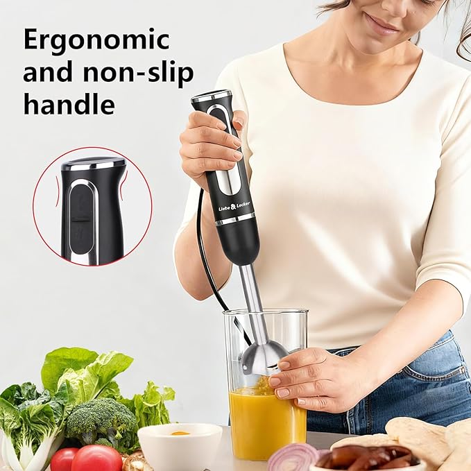 Liebe&Lecker Immersion Blender Handheld, 300W Hand Blender with 2 Mixing Speed and Stainless Steel Blades, Emulsion Blender Handheld for Kitchen, Shakes, Puree or Baby Food