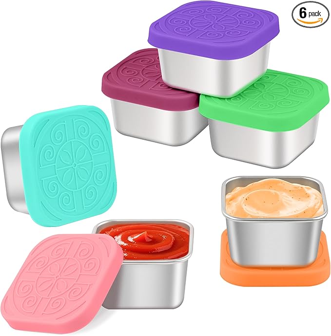 LIEMAND 6x2.7oz Salad Dressing Container to Go, Leakproof Reusable Stainless Steel small container with lid,Sauce Containers for Lunch box,Picnics,Travel,Office and Meal Prep-Square