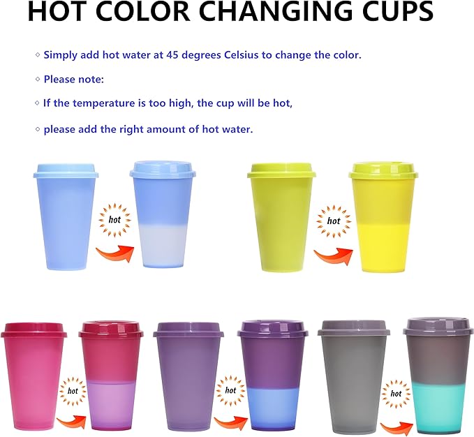 Color Changing Coffee Cups, 16oz Reusable Coffee Cups with Lids, 12 Pack Hot Coffee Tumbler for Adult Party Favors, Leak-Proof, BPA-free, and Safe for Dishwashers