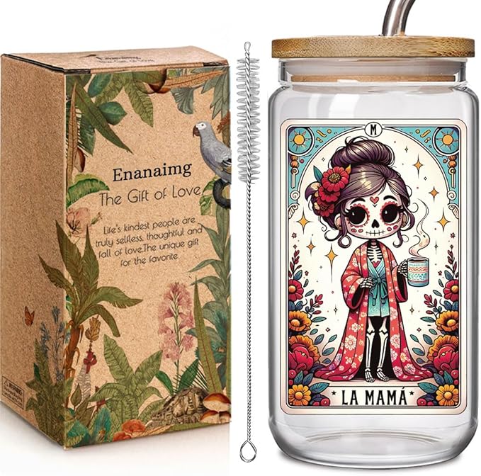 Mexico Mama 16oz Glass Cup with Lid and Straw Gifts for Mom Women, Cute Aesthetic Iced Coffee Cup Smoothie Tumbler Gift for Mothers Day New Mom to be Birthday Presents for Women