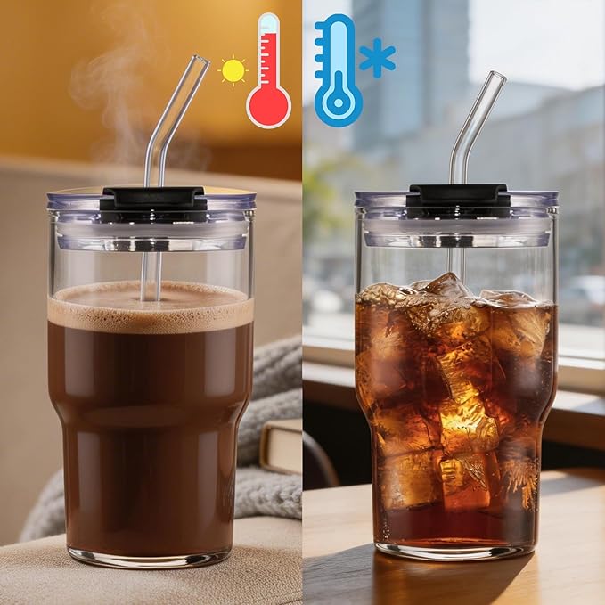 BLUEPOLAR 470ml/16oz Ribbed Glass Tumbler with Straw and Lid, BPA-Free Reusable Iced Coffee Cups with Lids, Thickened Coffee Tumbler for Office/Travel/Car (18oz)