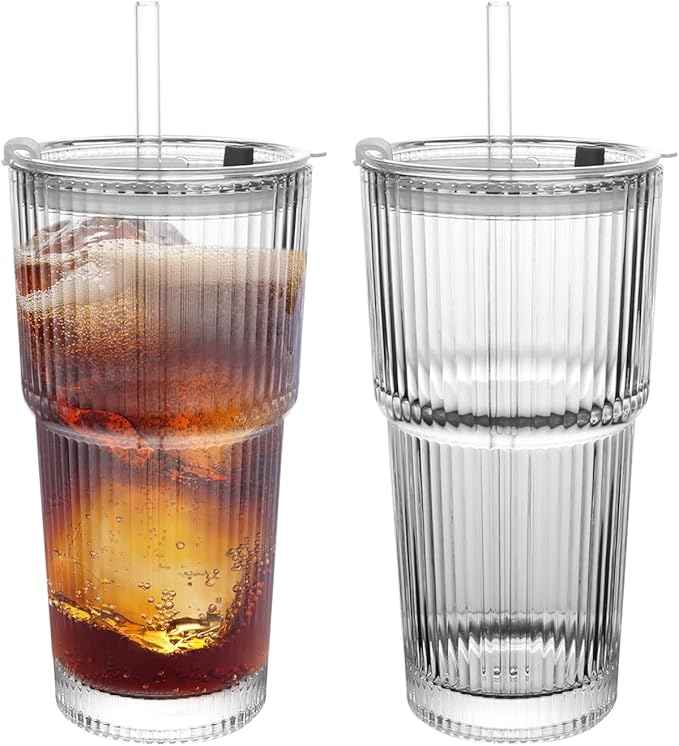 Ribbed Drinking Glasses ,with Lids and Glass Straws Glass Cup,19oz Glass cup,6 Pack Old Fashioned Glasses,Thickened glass for iced coffees,cocktails and juices, perfect for families and parties (2)