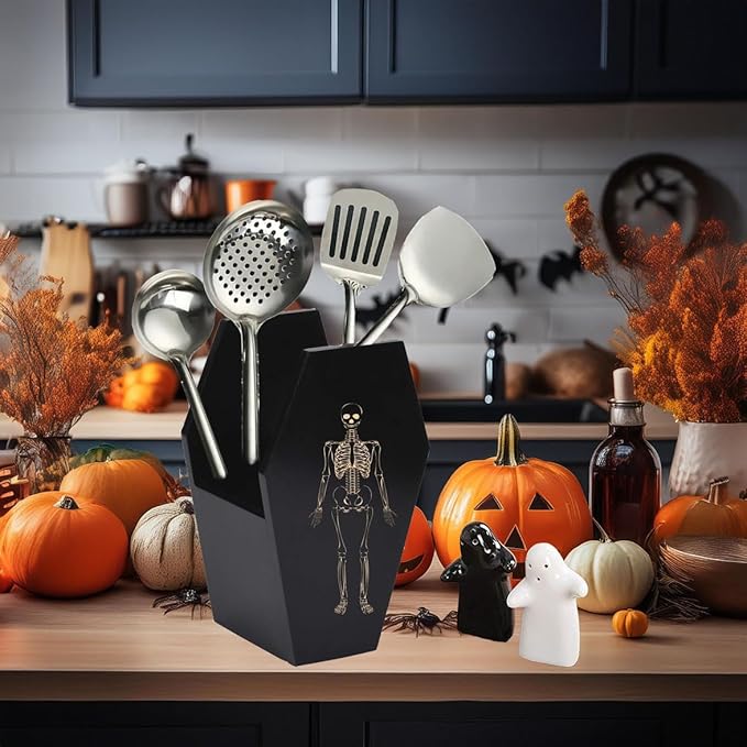 Halloween Gothic Kitchen Decor - Goth Coffin Utensil Holder (Utensils Not Included), Dual-Sided Laser-Etched Skeleton, Solid Wood Large Capacity for Spooky Bats Spoons Skull Spatulas