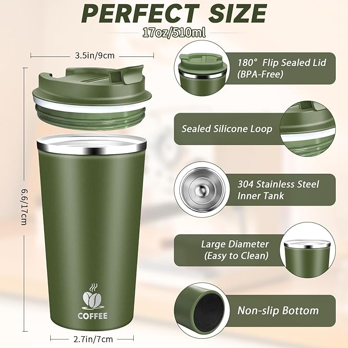 Insulated Travel Coffee Mug Reusable Coffee Tumbler Cup with Flip Lid Leak Proof Spill Proof for Office School Party Camping Hot and Cold Drink,Stainless Steel 17oz (Army Green)