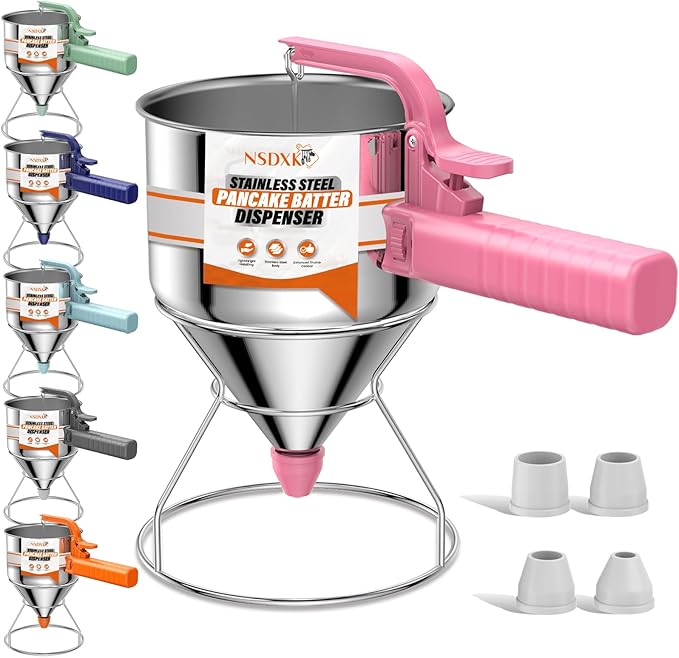 40oz Pancake Batter Dispenser, Stainless Steel Cake Dispenser with Stand, Great for Pancakes, Cupcake, Waffle or Any Baked Goods, Durable, Leak-Free, Paradise Pink