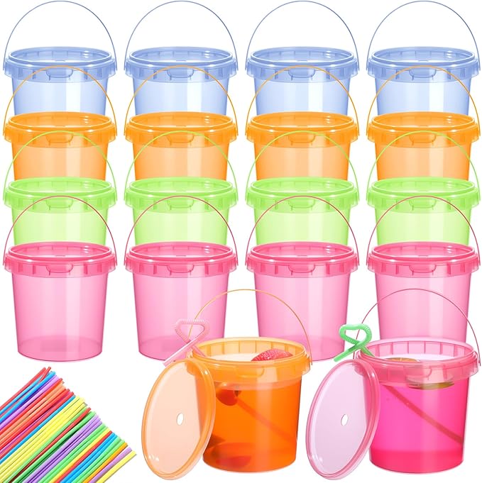 Funnymoom 16 Pack 32 oz Plastic Rum Buckets for Drinks with Straws Ice Cream Cocktail Bucket with Lids and Handles Reusable Food Containers Cup for Parties Summer Beach Bar Beer (Muticolor)