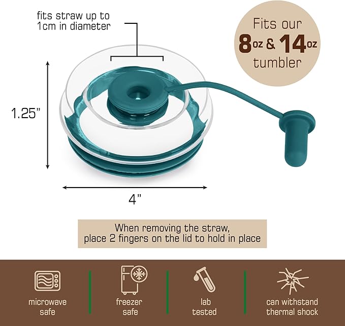 Tupkee Double Wall Glass Tumbler Straw Lid - For Hand Blown Glass Travel Mug, 14-Ounce & 8-Ounce, Cyan