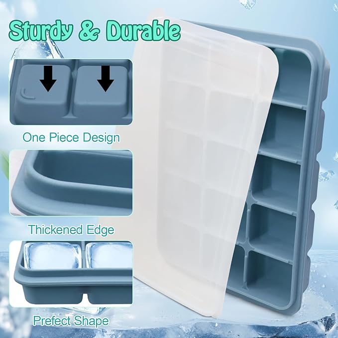 2 Pcs Easy Release Ice Cube Trays, Blue Flexible Silicone Ice Cube Molds Removable Lid Stackable for Whiskey, Beverages, Baby Food (15 cubes 0.7oz)