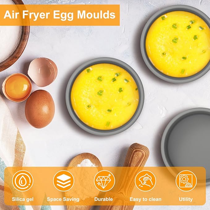 3Pcs Silicone Air Fryer Molds - 4-Inch Air Fryer Pan, Microwave Poacher, Dishwasher Safe Egg Cups - Nonstick Reusable Cooker Accessories (3Pcs-Grey)