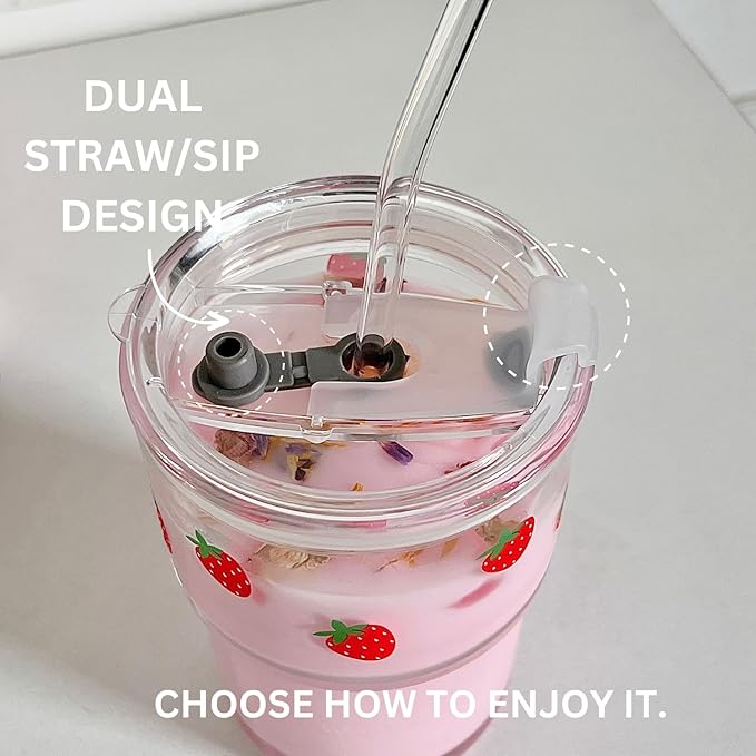 Olvini 13oz Glass Tumbler with Straw and Lid, Reusable Iced Coffee Cup Tumbler, Cute Glass Cups for Water, Matcha, Travel Coffee Mugs (Strawberry - 13oz)